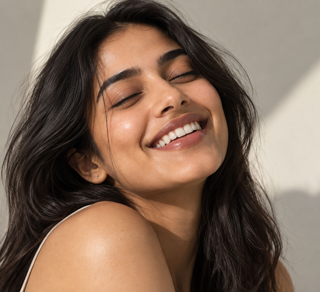 A woman smiling, eyes closed, in the sun